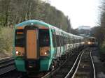 Southern 377 344 and a London Overground train in Honor Oak Park, London, 10. April 2012