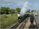 The Swanage Railway 34070 is leaving the Swange Station.