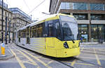Manchester Metrolink Tram 3078 (Bombardier M5000) at Eleven Portland Street in the city centre of Manchester.