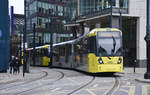 Tram 3035 (Bombardier M5000) in Aytoun Street on Manchester Metrolink to Altrincham.