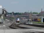 Eastbound Amtrak on westbound track through the Burlington, Iowa yard on its way to Chicago 24 May 2005.