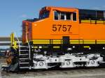 Close-up of the cab of a newly delivered diesel lok at the Burlington, Iowa depot.