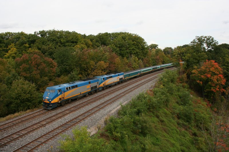 VIA passenger train with two P42DC 906 + 919 from Toronto towards Windsor on 3.10.2009 at Bayview Junction. 
