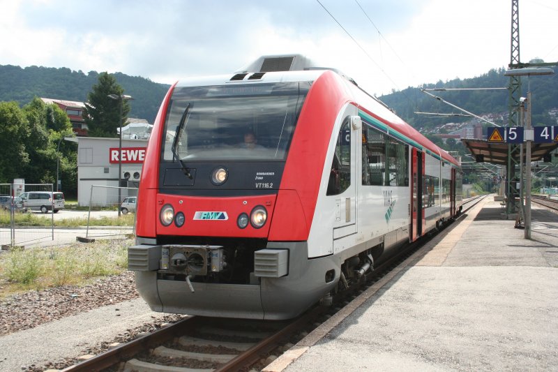 VIAS VT 116.2 from the Odenwald-Bahn waits for starting towards Hchst im Odenwald on 13. July 2009 at Eberbach.
