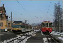 CEV  GTW Be 2/6 7003 and Bt 222 (with BDeh 2/4) in Blonay. 
11.02.2012