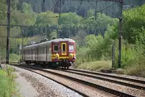L train running between Verviers-Central and Li�ge-Palais, past Goffontaine in May 2010.