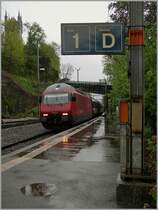 It's raining by the arriving on the SBB Re 460 015-1 with his IR in Vevey on the platform 1. 
19. April 2012