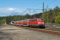 111 011-3 with the RE 9 (Rhein-Sieg-Express) Aachen-Cologne-Siegen, here at 30.04.2012 in Mudersbach/Sieg.