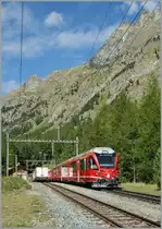A RhB  Allegra  with his Albula fast train to St.Moritz is crossing a Cargo-train n the Spinas Station.
12.09.2011