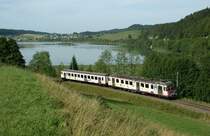 Ex MthB ABDe 4/4 with his Bt to Vallorbe on the last meters in the Valle de Joux. 
16.08.2009