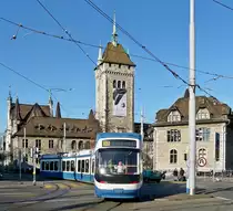 . A Cobra tram is turning into the Museumstrasse in Z�rich on December 27th, 2009.