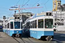. Meeting of two unities Tram 2000 N� 2090 and 2075 near the main station of Z�rich on December 27th, 2009.