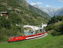 A HGe 4/4 wiht a local train from Zermatt to Brig by Neubrck. 
