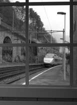 View from the Waiting room by the Castle of Chillon Station.
