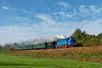 . The steam engines PKP TKt 48-87 and Tubize N� 2007 AD 05 are heading their heritage CFV3V (Chemin de Fer � Vapeur des trois Vall�es) train near Vierves-sur-Viroin on October 28th, 2014.