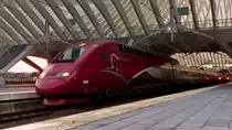 . The PBKA Thalys 4345 is leaving the station Li�ge Guillemins while the sun is rising on October 18th, 2014.