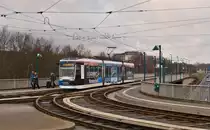 . Tram N� 0756 is leaving the stop Sachsendamm on the line 2 Siegfreidviertel - Heidberg in Braunschweig on January 4th, 2015.