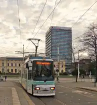 . Tram N� 9551 is arriving at the stop Friedrich-Wilhelm-Platz in Braunschweig on January 3rd, 2015. 