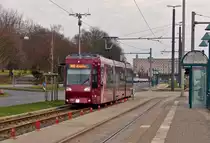 . Tram N� 0760 is arriving at the stop Campestra�e in Braunschweig on January 3th, 2015.