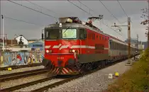 Electric loc 342-014 pull EC151 'Emona' through Maribor-Tabor on the way to Ljubljana. /17.11.2014