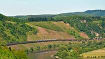 . DB Regio SWEX and CFL KISS are running together on the slope viaduct near Pnderich on May 13th, 2015.