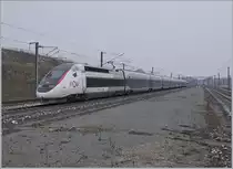 The TGV 9582 from Marseille to Frankfurt is leaving the Belfort-Montpellier-TGV Station. 11.01.2019