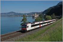 A SBB RABe 560  Domino  on the way to St-Maurice by the Castle of Chillon.

25.05.2018