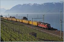 A SBB Re 4/4 II wiht a Mail-Train-Service by Cully. 

20.04.2018