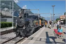 The ex Brünig (now BDB Ballenberg Dampfbahn) G 3/4 208 is arrived at Meiringen.

30.06.2018