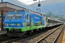 SOB 456 091 advertises on 6 June 2015 at Arth-Goldau for her own train, the VorAlpenExpress.