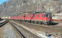 A lot of SBB locomotives (2x Re 6/6 and 2 Re 4/4 II/III) are arriving with a Cargo train in Brig.
16.02.2008 