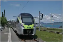 The BLS RABe 528 105  MIKA  rented by RegionAlps is traveling as R91 6116 from Brig (from 11:03) to St-Gingolph (at 13:06) and leaves the Bouveret train station.

July 24, 2024