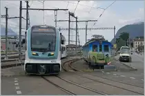 The TPC ASD ABe 4/8 473  Glacier 3000 , which arrived from Les Diablerets on platform 14, shunts in Aigle: The train is made available on platform 13 for the journey to Les Diablerets. This leads to a meeting with the former BCFe 4/4, later ABFe 4/4 and with the abolition of 1st class to today's BDe 4/4 n° 2 mutated railcar from the opening days of the ASD.

Aug 3, 2024