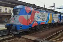 CD advertiser 380 002 stands on 15 September 2017 in Tabór with a fast train from Ceske Budejovice to Praha hl.n.