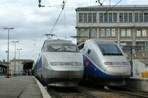 TGV Lyria (on the left) to Lausanne and Bern in Paris Gare de Lyon. On the right site waits a TGV to Nice the departure time. 
30.04.2010
