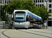 Saarbahn Tram N� 1007 to Siedlerheim is arriving at the station of Saarbr�cken on June 22nd, 2009.