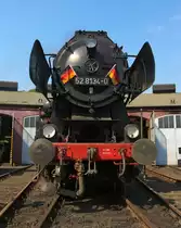 Front view of the German Steam Locomotive 52 8134-0 (under steam) from the Railway friends Betzdorf on 24/04/2011 in S�dwestf�lische Railway Museum in Siegen.