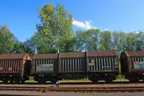 Wagon on bogies with four sets of wheels and slide roof for coil transport, of the SBB (Switzerland)
on 29.05.2011 in Herdorf (Germany).