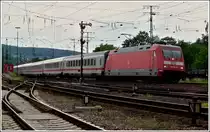 101 104-8 is hauling IC cars through Koblenz-L�tzel on May 22nd, 2011.