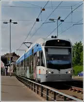 Saarbahn N� 1002 is crossing the bridge near the stop Cottbuserplatz in Saarbr�cken-Malstatt on May 28th, 2011.