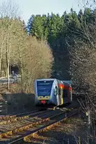 The Hellertalbahn with a diesel multiple units Stadler GTW 2/6 on 07.02.2011 has just been the Alsdorf tunnel  (in Betzdorf-Alsdorf) and runs continue along to Betzdorf.