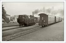 The  Molli  steam engine and coaches in Bad Doberan. 
Sept. 1990.