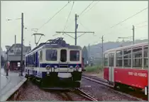 The MOB BDe on the Panoramic-Express by a test run in Blonay on a rainy summer day in the 1986. 

