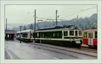 The Panoramic-Express by a test run in Blonay on a rainy summer day in the 1986. 