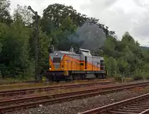 203 005  Starker Anton  of the Die-Lei GmbH (Kassel) at the 05.08.2011 in Herdorf. After the sustaining of the signal ride, the locomotive runs continue in the direction of Haiger. The locomotive of the type V 100.1 (DR) was in 1972 by the LEW under serial no. 13500 built. Delivery was as 110461-1, in 1982 reconstruction in 112461-9, 1992 redrawing in 202461-0, 1997 decommissioning by the DB.