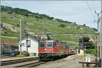 Two SBB Re 4/4 with a Cargo train in Rivaz-15.06.2011