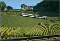The LEB Be 4/4 wiht his Bt is engaged in an ASD Local train service here by over Aigle in the vineyards. 21.10.2010

