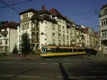 VBK-Tramcar 244 is at 31.10.2011 on line 5 on the way to the Rheinport. 
Because of a construction, a new tramcar drives on the line 5
because she is at the Weinbrenner Place in Karlsruhe linked with the line 2E.