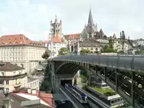 Bessi�res-Bridge in Lausanne: A m2 metro train crosses the bridge. 2011-08-27
