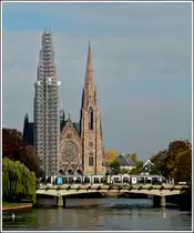 Two Eurotrams photographed at the stop Gallia on the Pont Royal together with the St Paul's Church in Strasbourg on Ocotber 29th, 2011. 